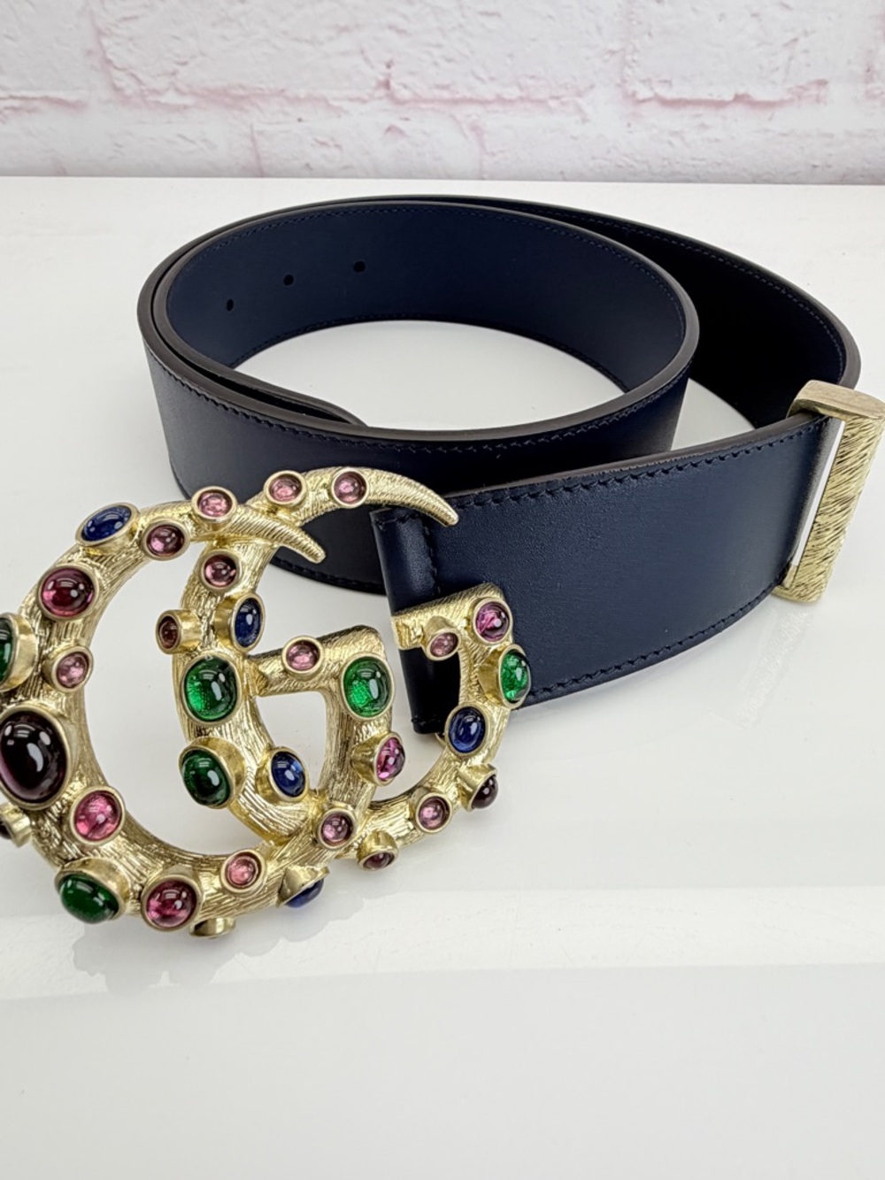 Gucci Jeweled Ceramic Glass Marmont Navy Blue Wide Belt 600630 80/32